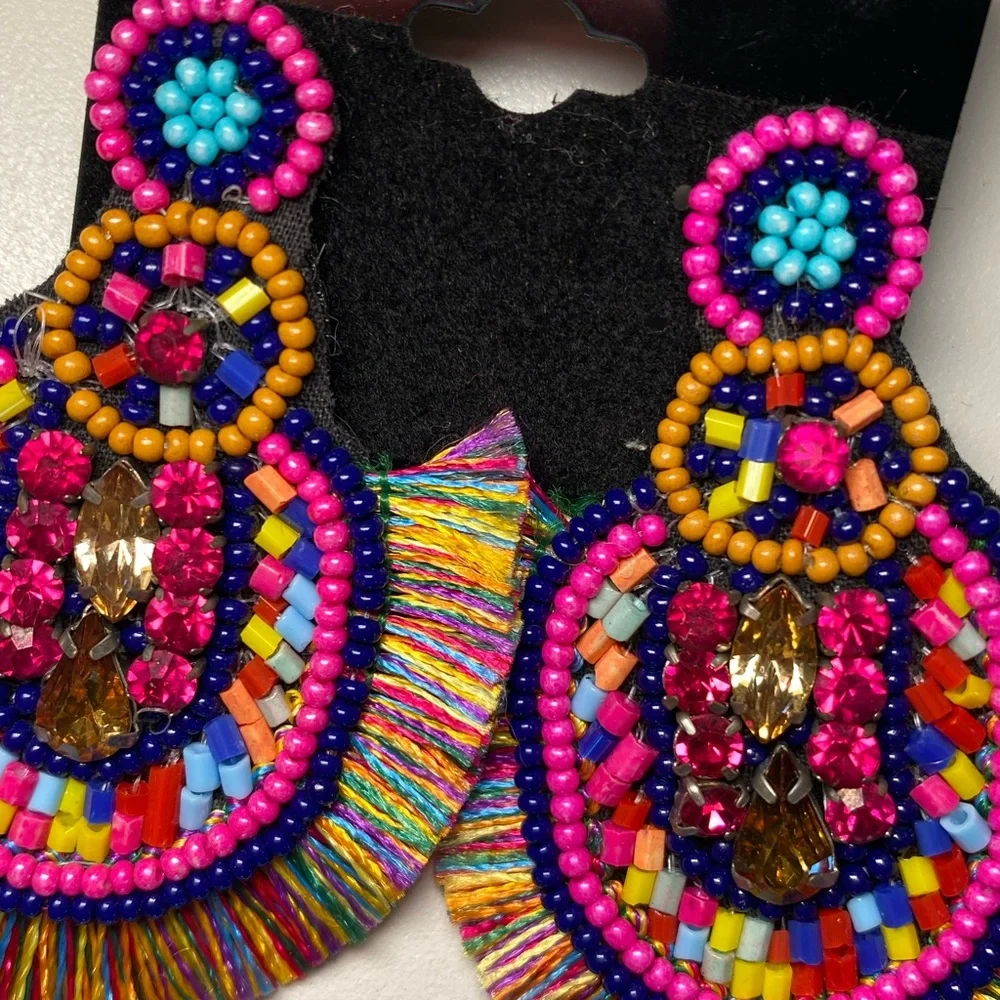 Handcrafted Multicolor Beaded Fringe Statement Earrings - Women Accessories